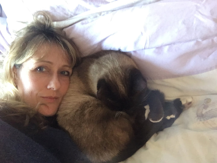 Bossy's Bibs MD enjoying a cuddle with Bailey Cat.