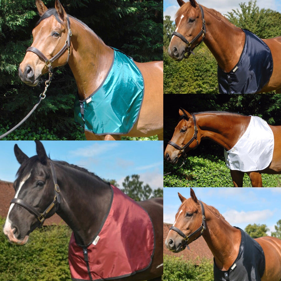 horse bib in all fabric colours for prevention and cure of hair loss on shoulders and withers caused by rug rubs