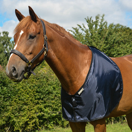 Horse bib in navy fabric for prevention and cure of hair loss on shoulders and withers caused by rug rubs